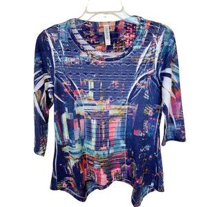 Cubism Los Angeles Womens Top 3/4 Sleeve Crewneck Asymmetrical Art to Wear Shirt